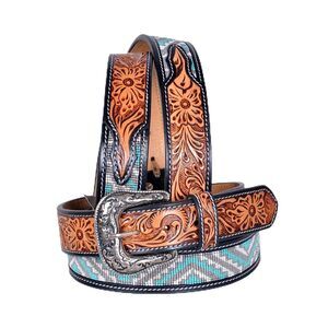 9499 Western Tooled Leather Beaded Belt For Men And Women